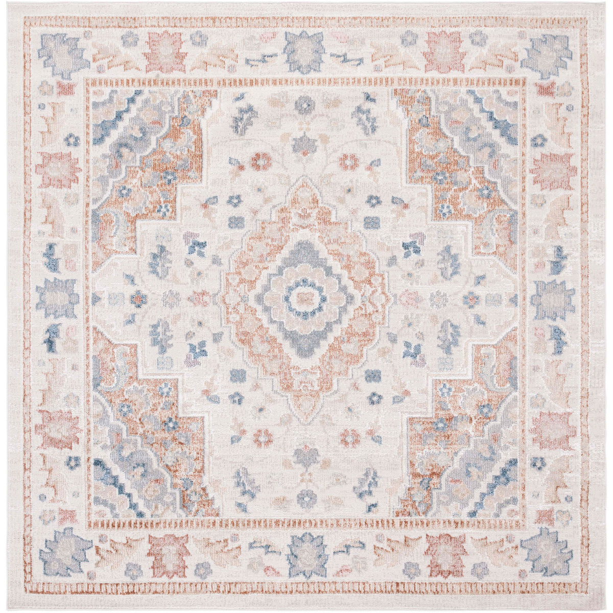 Square vintage medallion rug in beige and rust with slate-blue accents || BLR214B-7SQ || top_studio