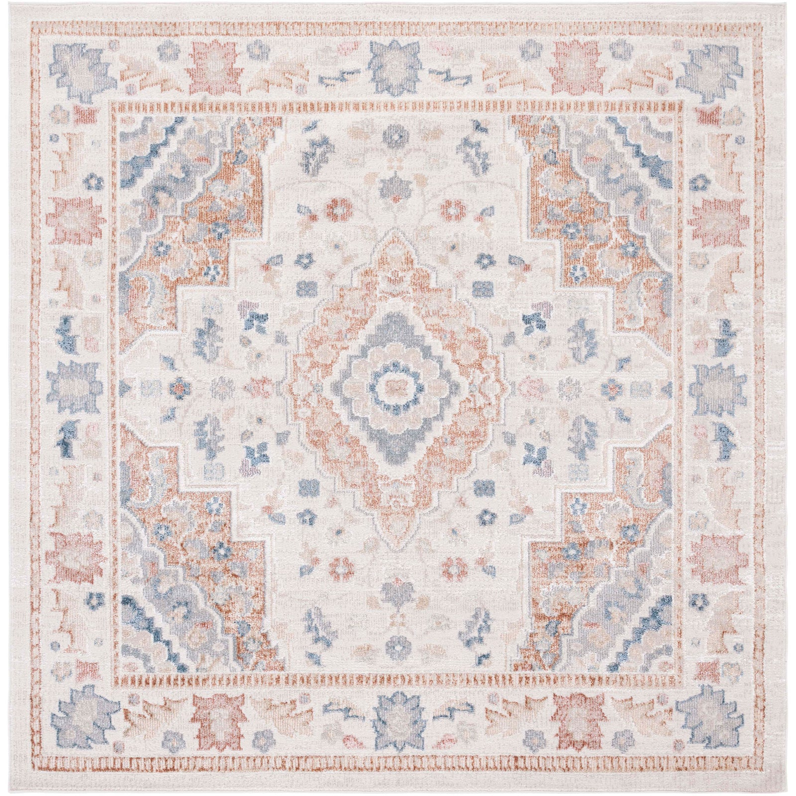Square vintage medallion rug in beige and rust with slate-blue accents || BLR214B-7SQ || top_studio