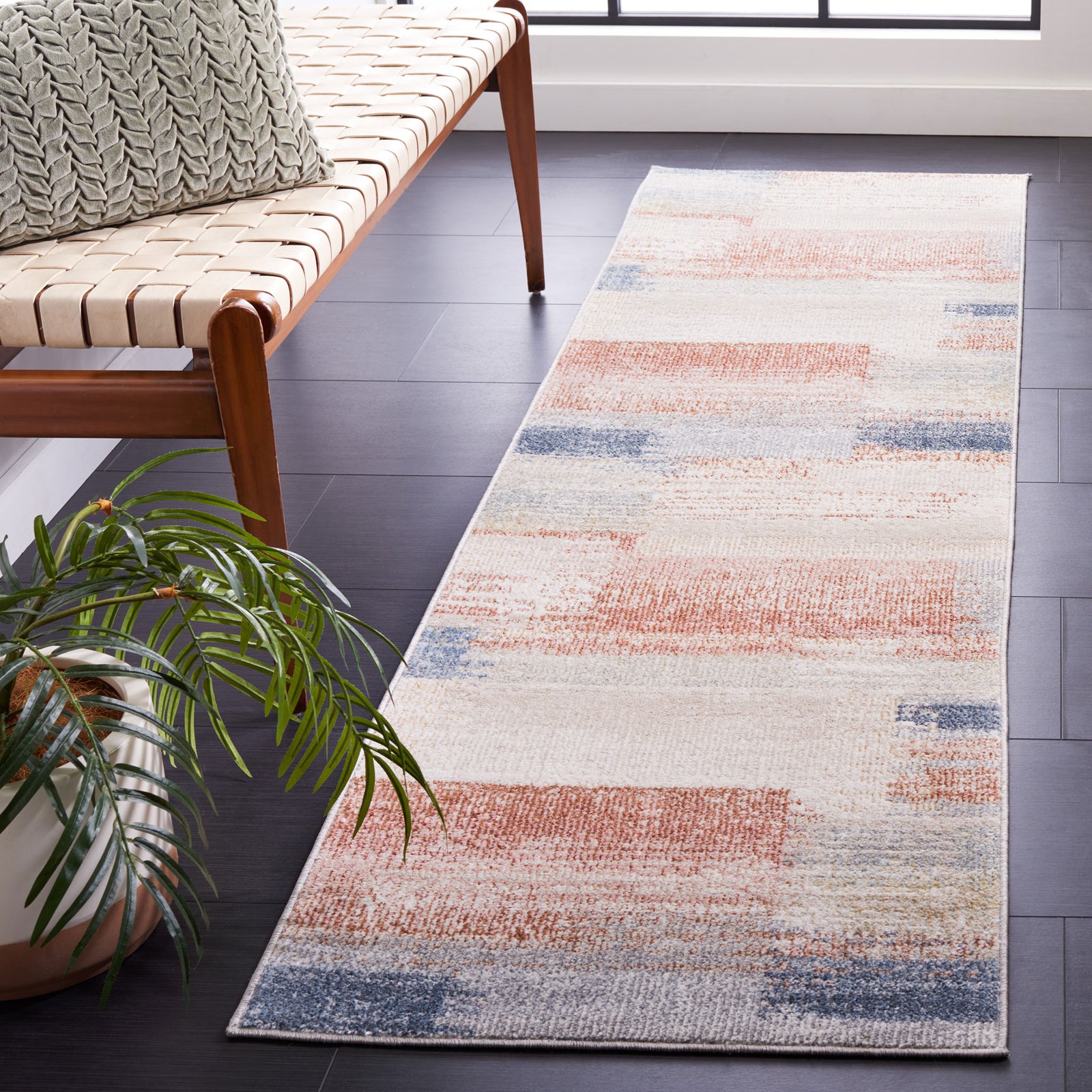 Modern runner with rust and blue blocks on a beige ground, adding soft color to busy hallways || BLR216B-28 || top_room