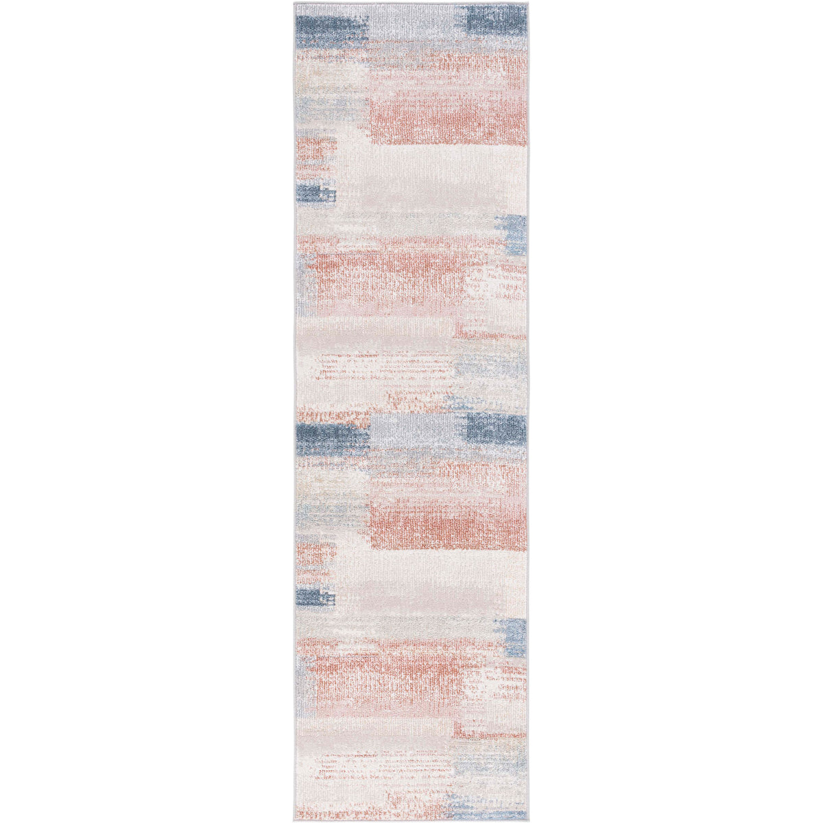 Abstract color-block runner in beige, blue, and rust with a low profile and crisp, finished edges || BLR216B-28 || top_studio