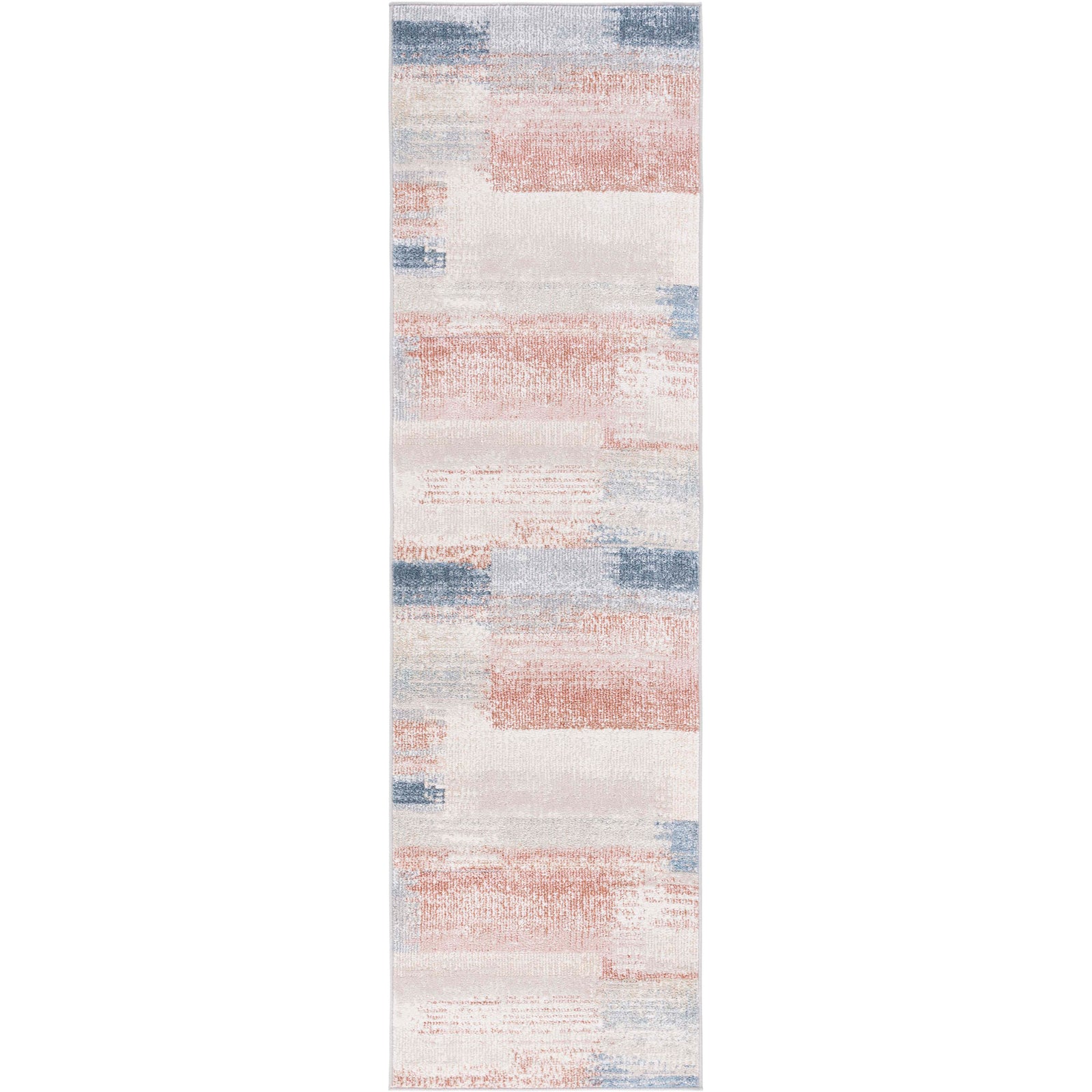 Abstract color-block runner in beige, blue, and rust with a low profile and crisp, finished edges || BLR216B-28 || top_studio