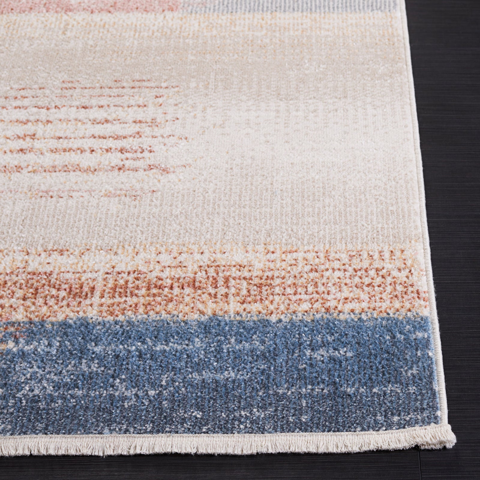 Abstract rug in beige, blue, and rust with soft, low pile and neatly bound edges || BLR216B-5 || top_studio