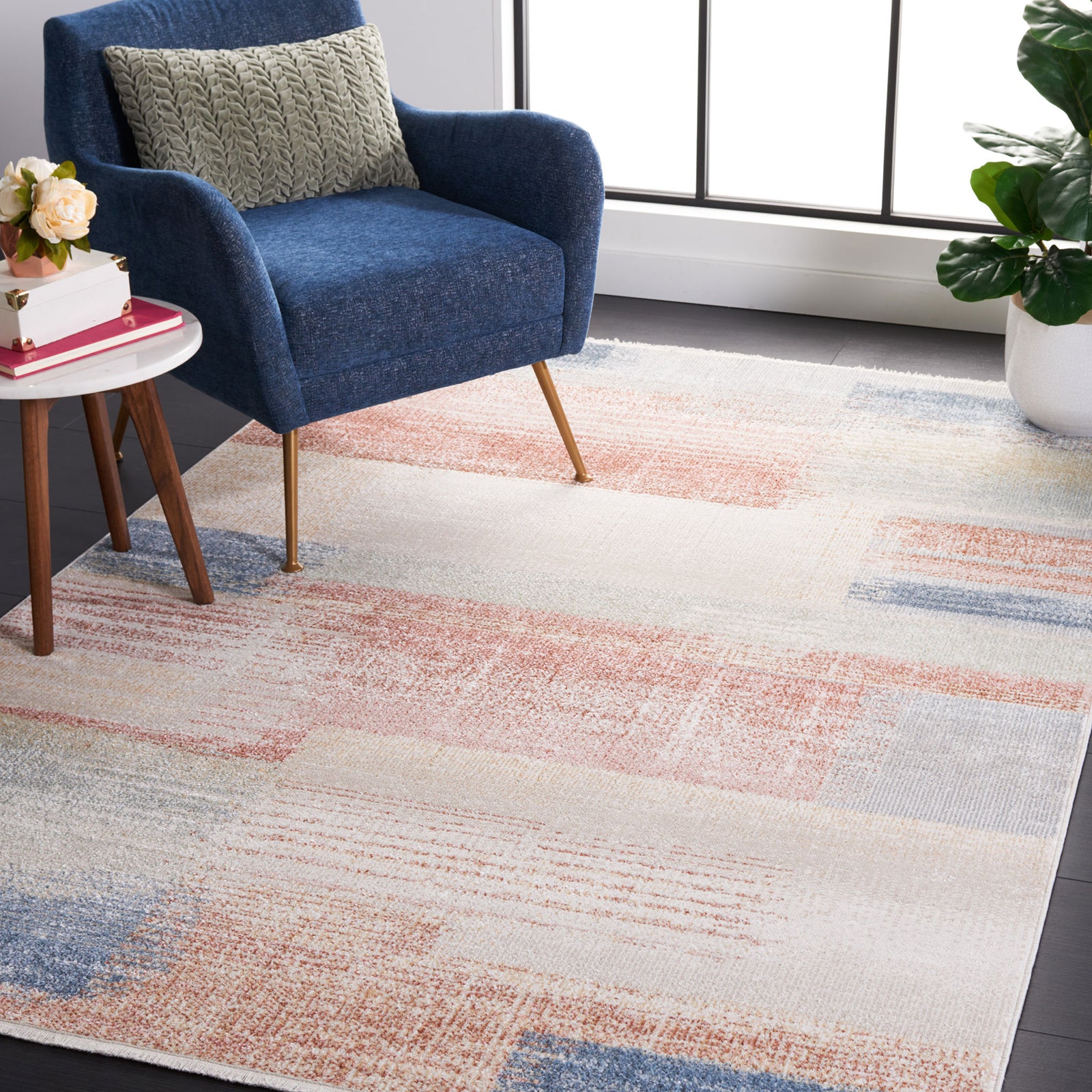 Modern abstract rug warms the room with muted beige, blue, and rust tones and a smooth, low profile || BLR216B-5 || front_angle_room