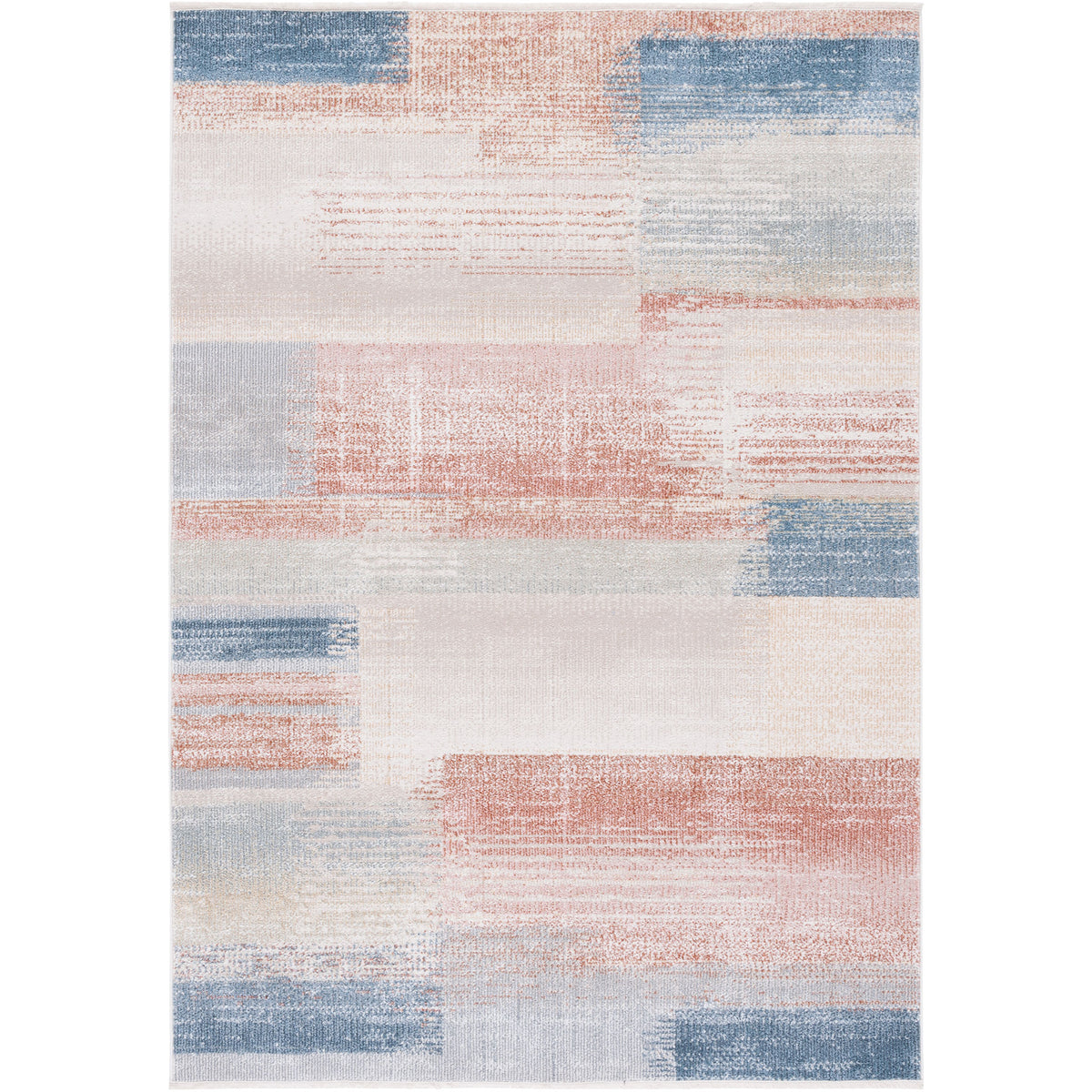 Abstract rug in beige, blue, and rust with soft, low pile and neatly bound edges || BLR216B-5 || top_studio