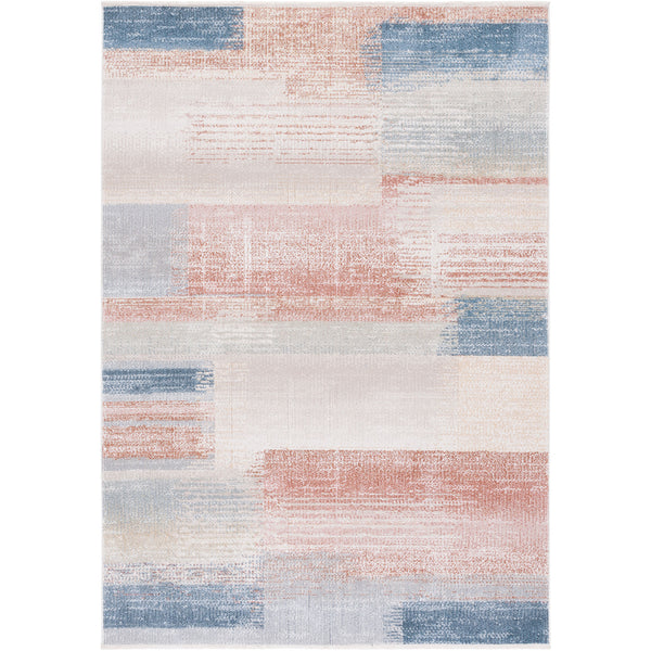 Abstract rug in beige, blue, and rust with soft, low pile and neatly bound edges || BLR216B-5 || top_studio