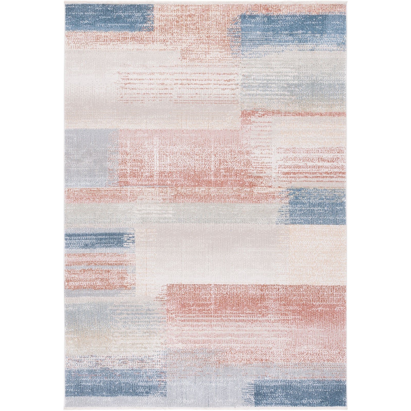 Abstract rug in beige, blue, and rust with soft, low pile and neatly bound edges || BLR216B-5 || top_studio