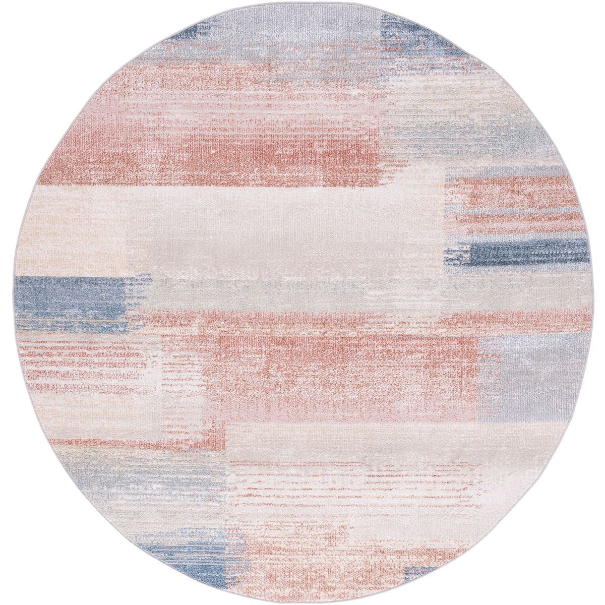 Round rug with modern abstract blocks in beige, rust, and blue for easy, everyday style || BLR216B-7R || top_studio