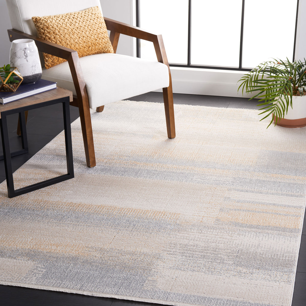 Elevates a modern space with a soft gray and beige palette in a machine-washable rug. || BLR216F-5 || top_room