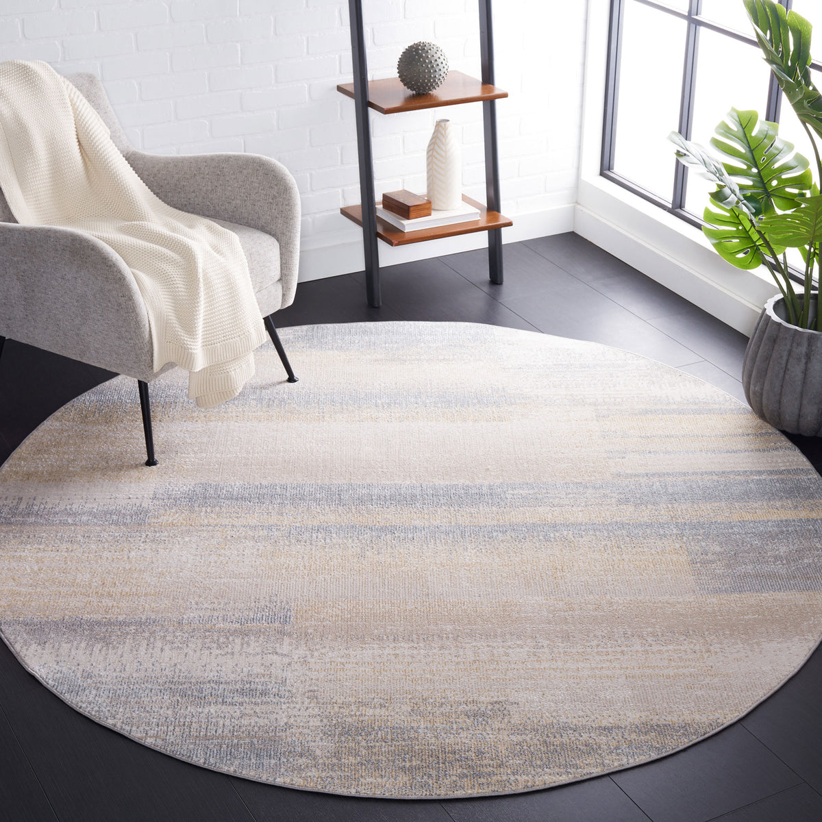 Round gray and beige rug adds a modern, softly faded pattern to brighten contemporary spaces || BLR216F-7R || top_room