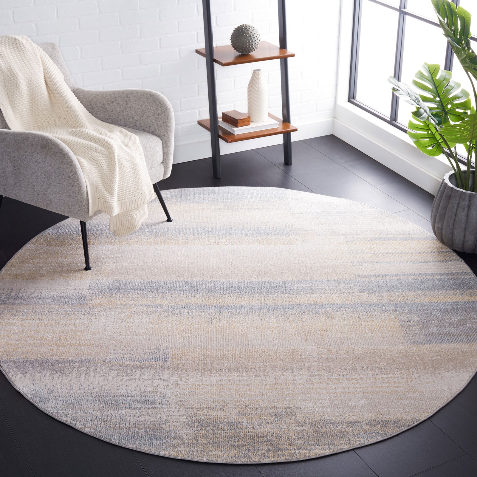 Round gray and beige rug adds a modern, softly faded pattern to brighten contemporary spaces || BLR216F-7R || top_room