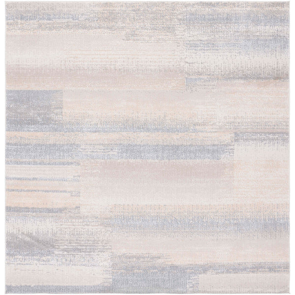 Square washable rug in gray and beige with softly faded abstract bands. || BLR216F-7SQ || top_studio