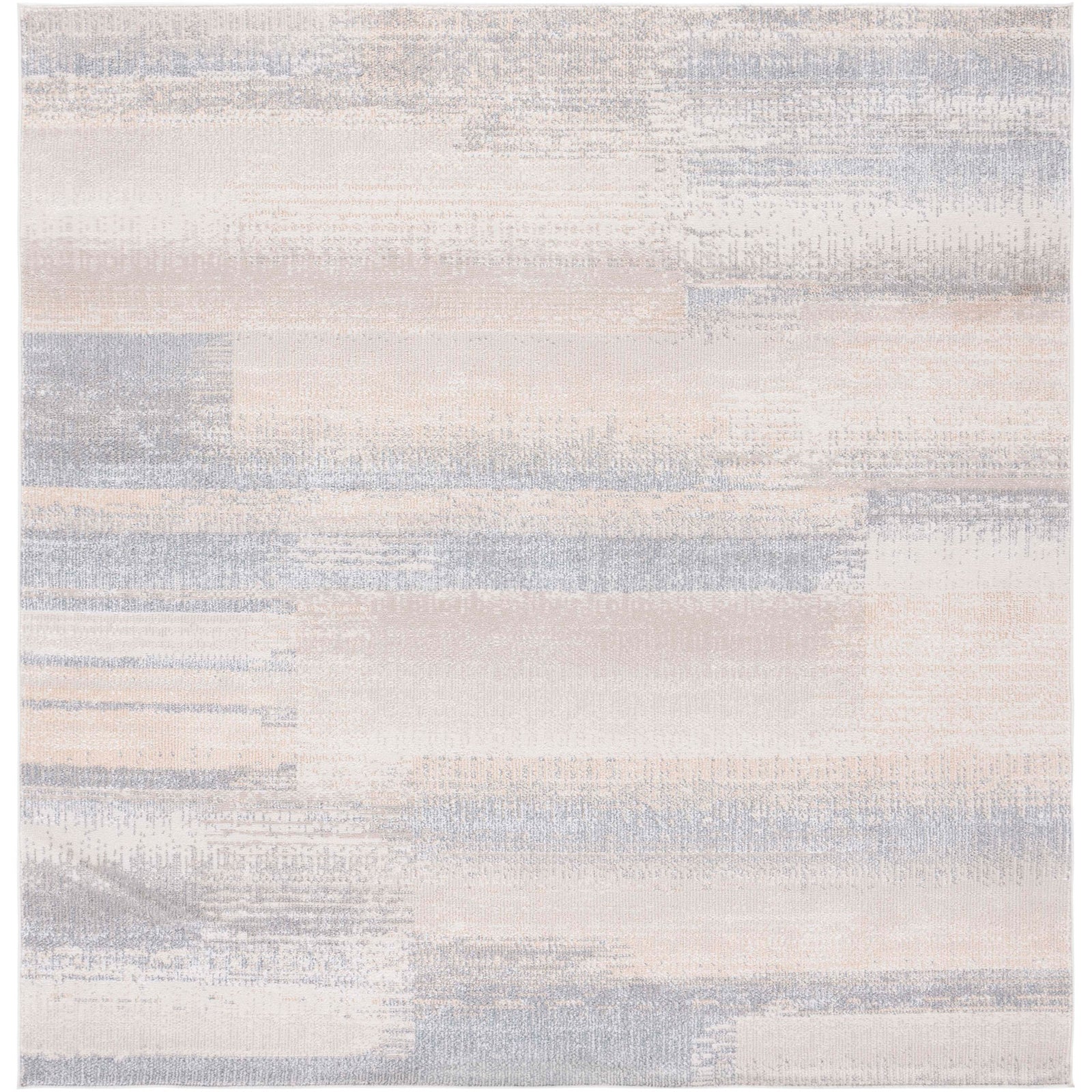 Square washable rug in gray and beige with softly faded abstract bands. || BLR216F-7SQ || top_studio