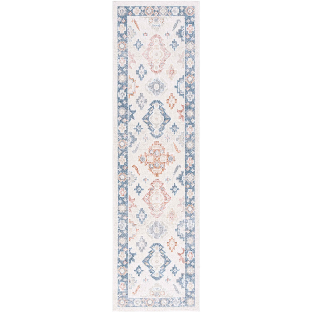Beige and blue washable runner with vintage medallions and a framed border, soft low pile for high-traffic spaces || BLR218B-28 || top_studio