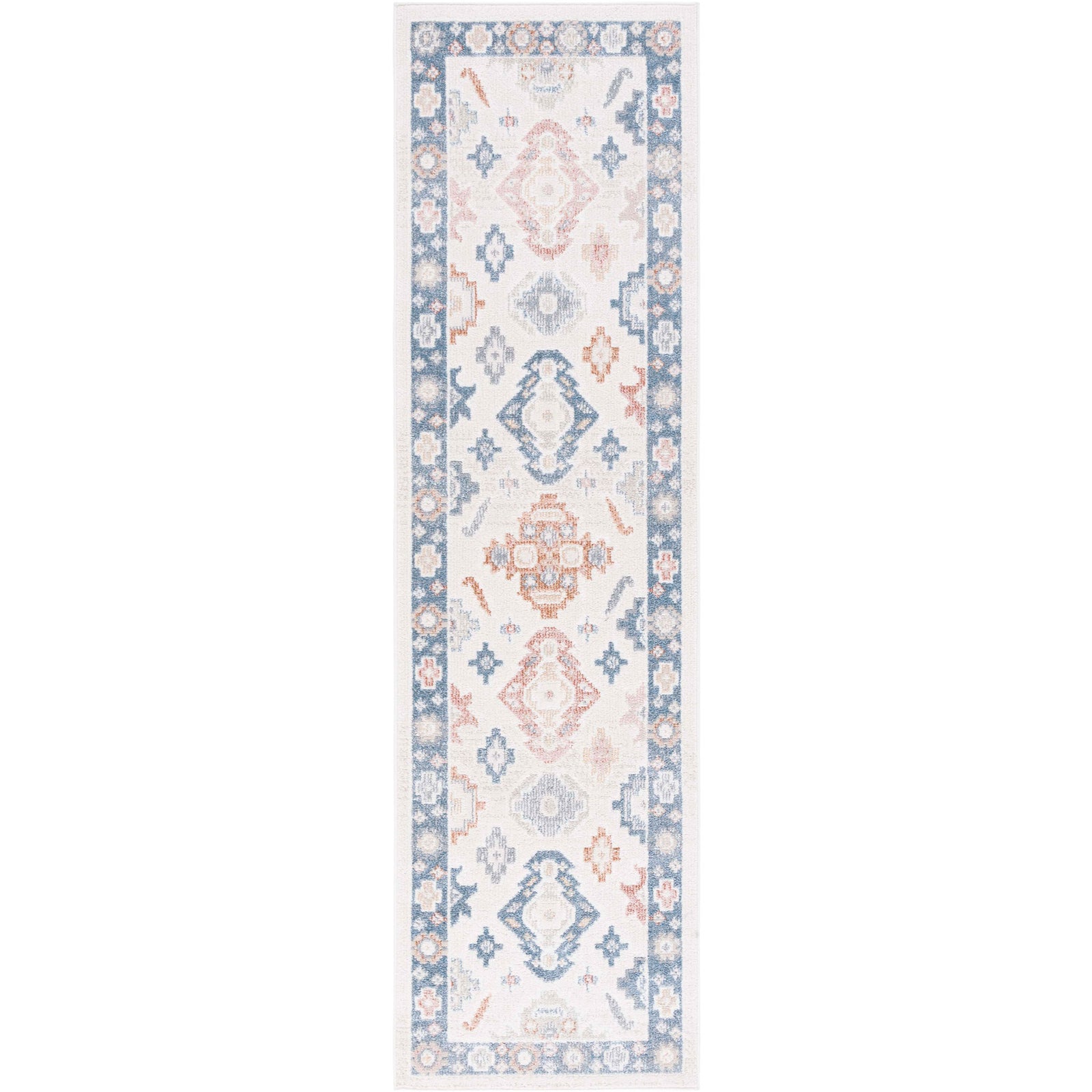 Beige and blue washable runner with vintage medallions and a framed border, soft low pile for high-traffic spaces || BLR218B-28 || top_studio