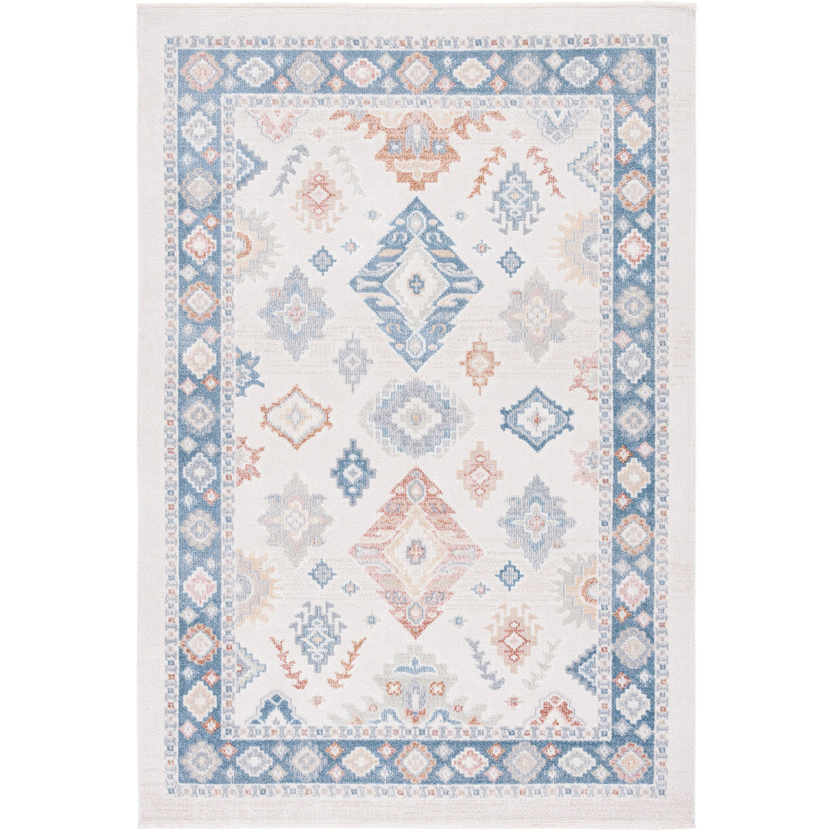 Beige and blue area rug with boho medallions and a crisp border for a soft, inviting look || BLR218B-5 || top_studio