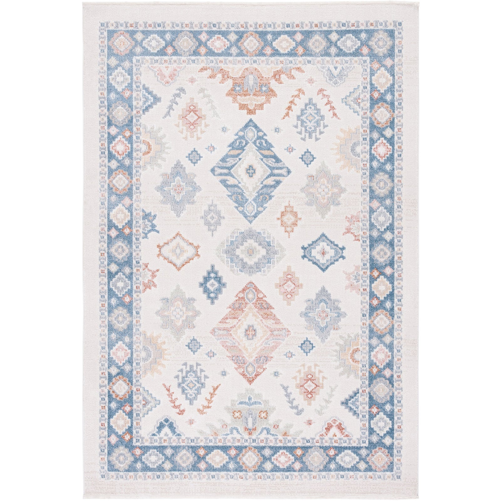Beige and blue area rug with boho medallions and a crisp border for a soft, inviting look || BLR218B-5 || top_studio