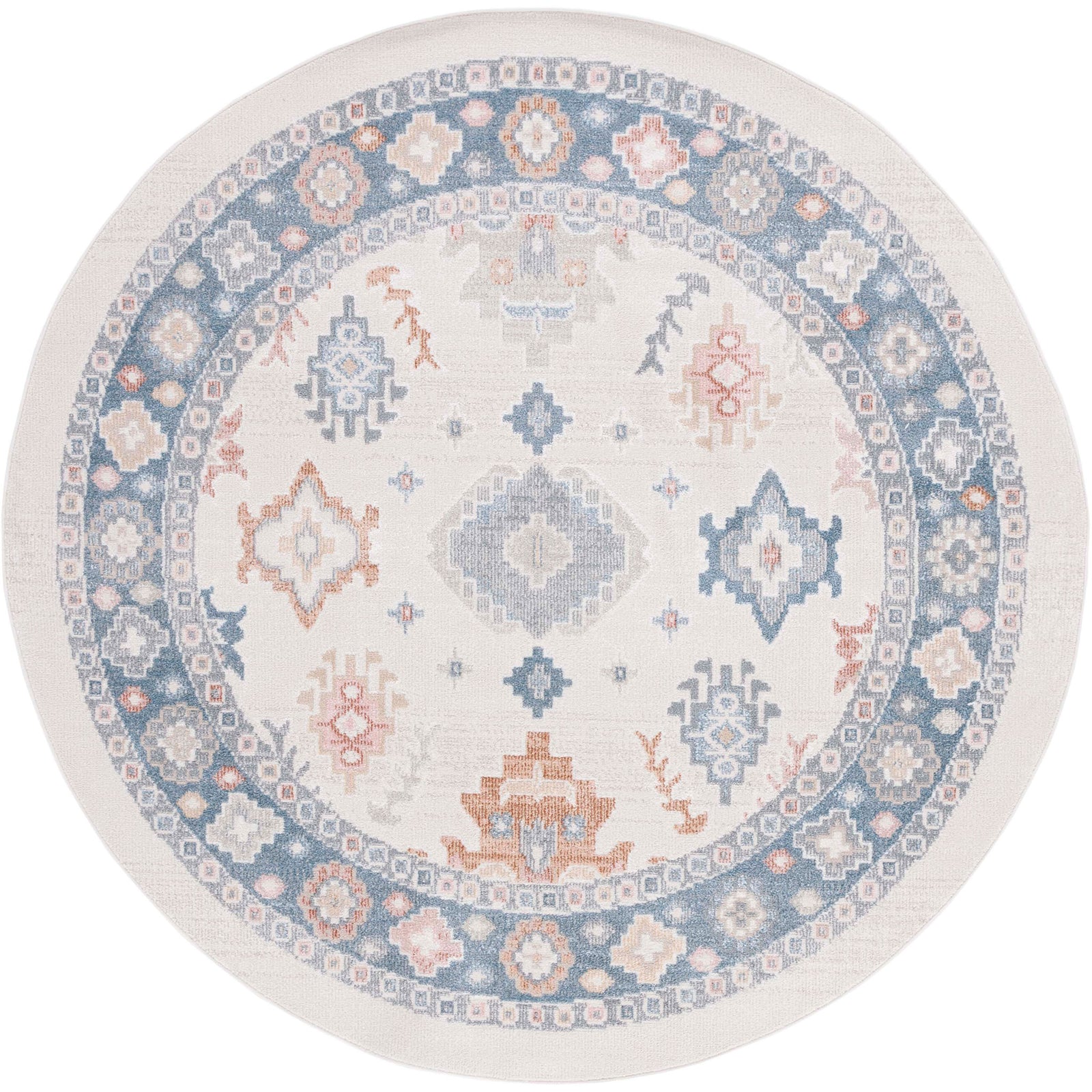 Round rug with beige and blue medallion border and subtle vintage pattern. || BLR218B-7R || top_studio