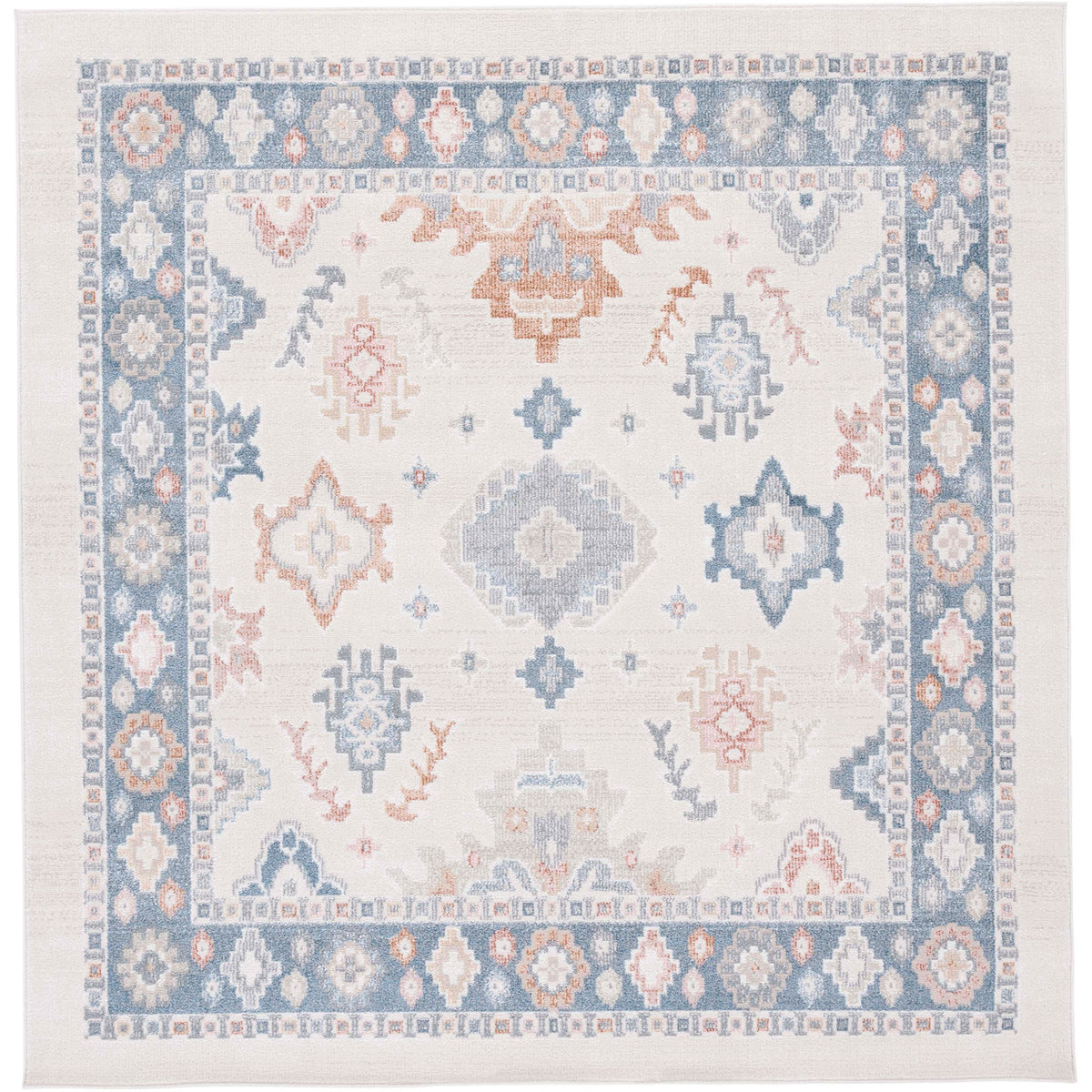 Beige and blue area rug with boho medallions and a crisp border for a soft, inviting look || BLR218B-5 || top_studio