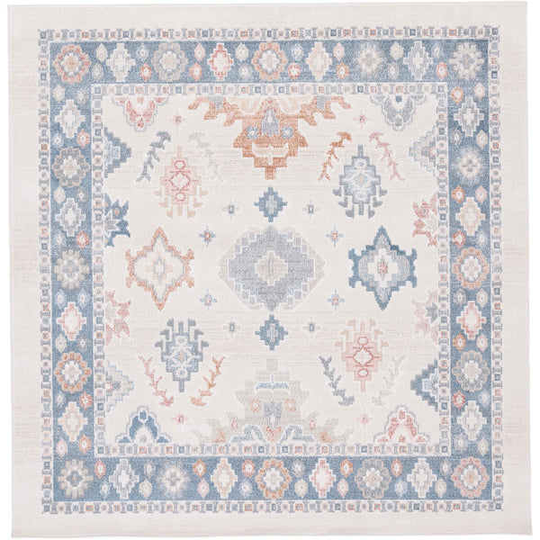 Square beige and blue rug with coordinated border and medallions for versatile styling || BLR218B-7SQ || top_studio