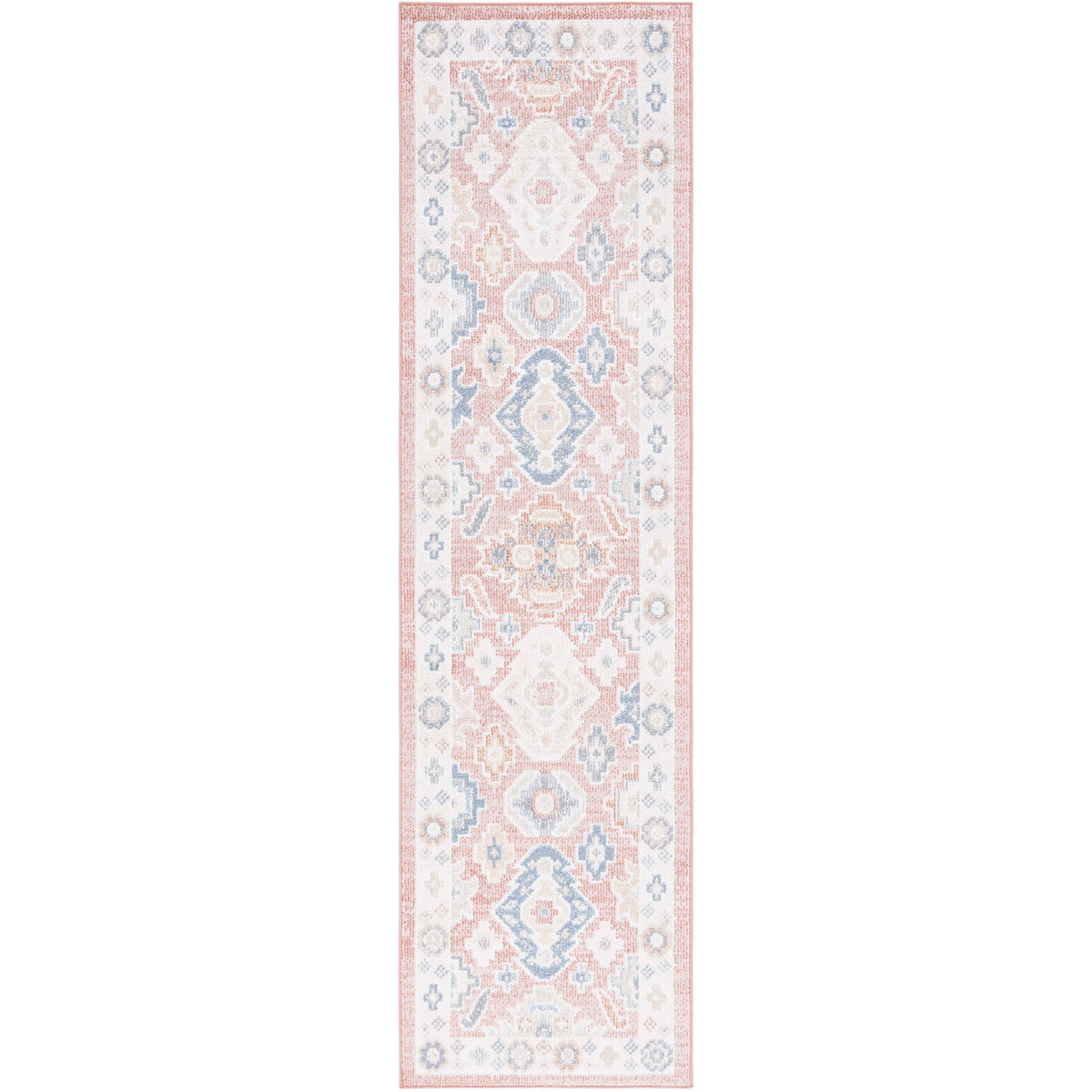 Washable rose and blue runner rug with vintage medallions and a soft, low pile || BLR218U-28 || top_studio