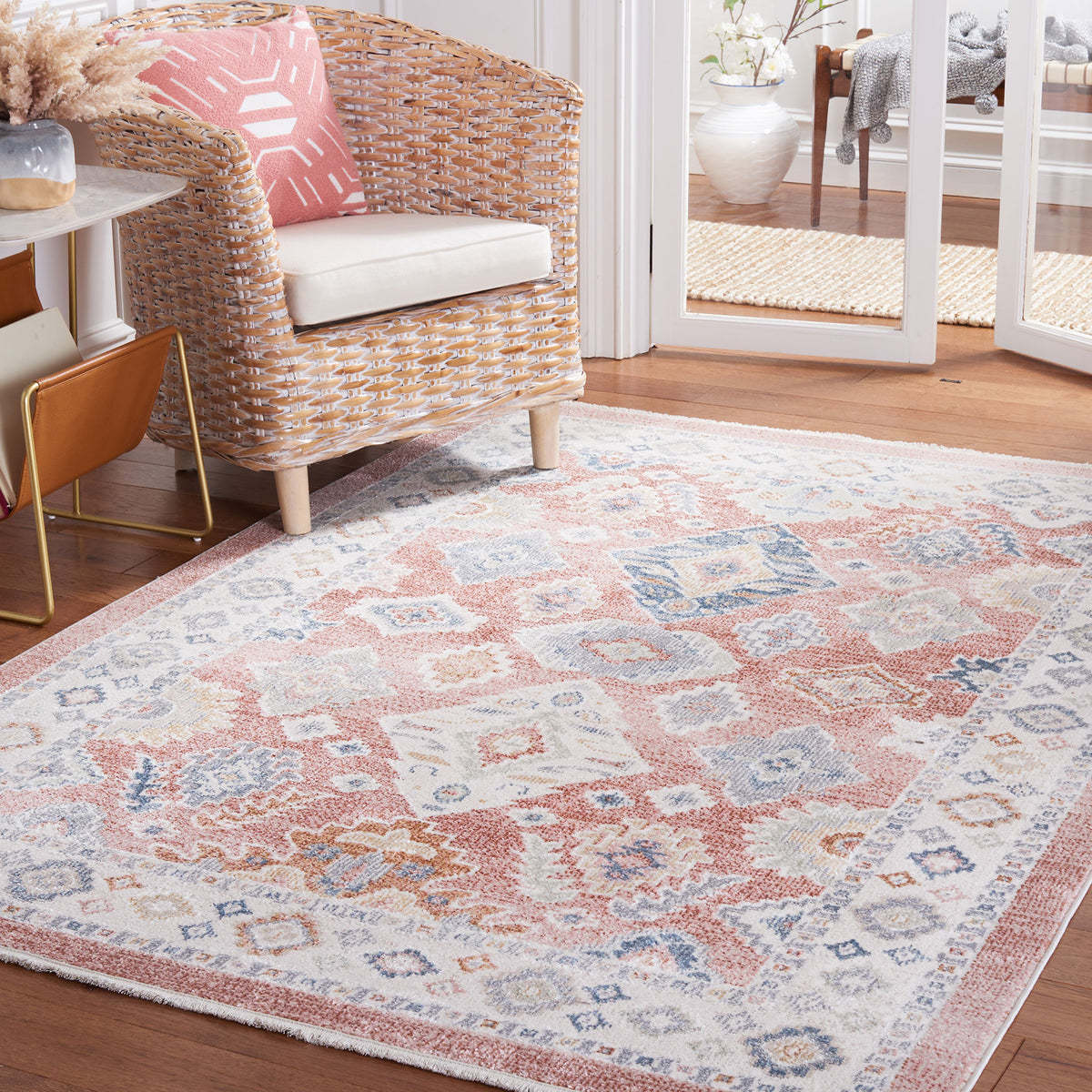 Rose and blue medallion rug brings soft texture and bohemian pattern to the room || BLR218U-5 || front_angle_room