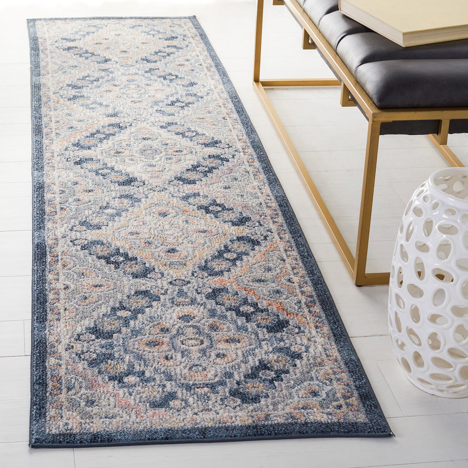Vintage-style gray and navy runner brings layered medallions and a refined border to modern spaces || BLR220F-28 || front_angle_room