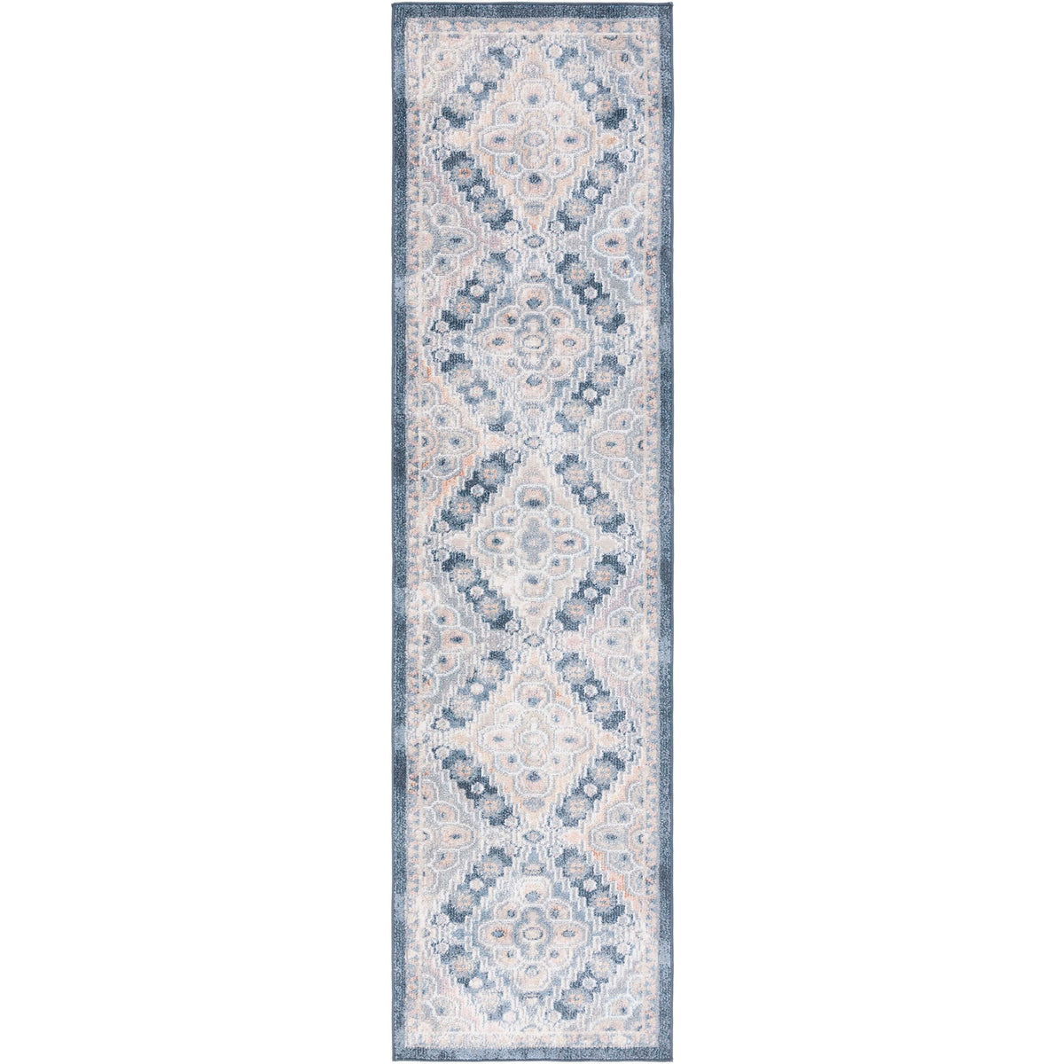 Washable gray and navy runner with vintage diamond medallions and a bordered design || BLR220F-28 || top_studio