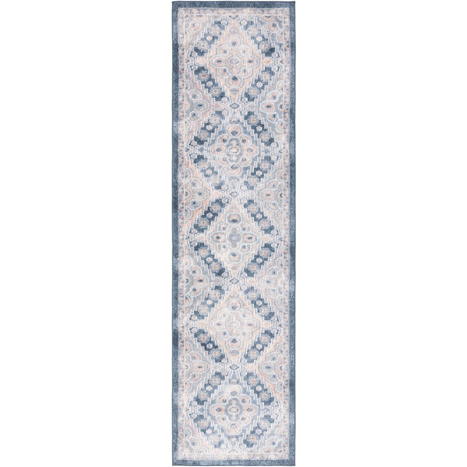 Washable gray and navy runner with vintage diamond medallions and a bordered design || BLR220F-28 || top_studio