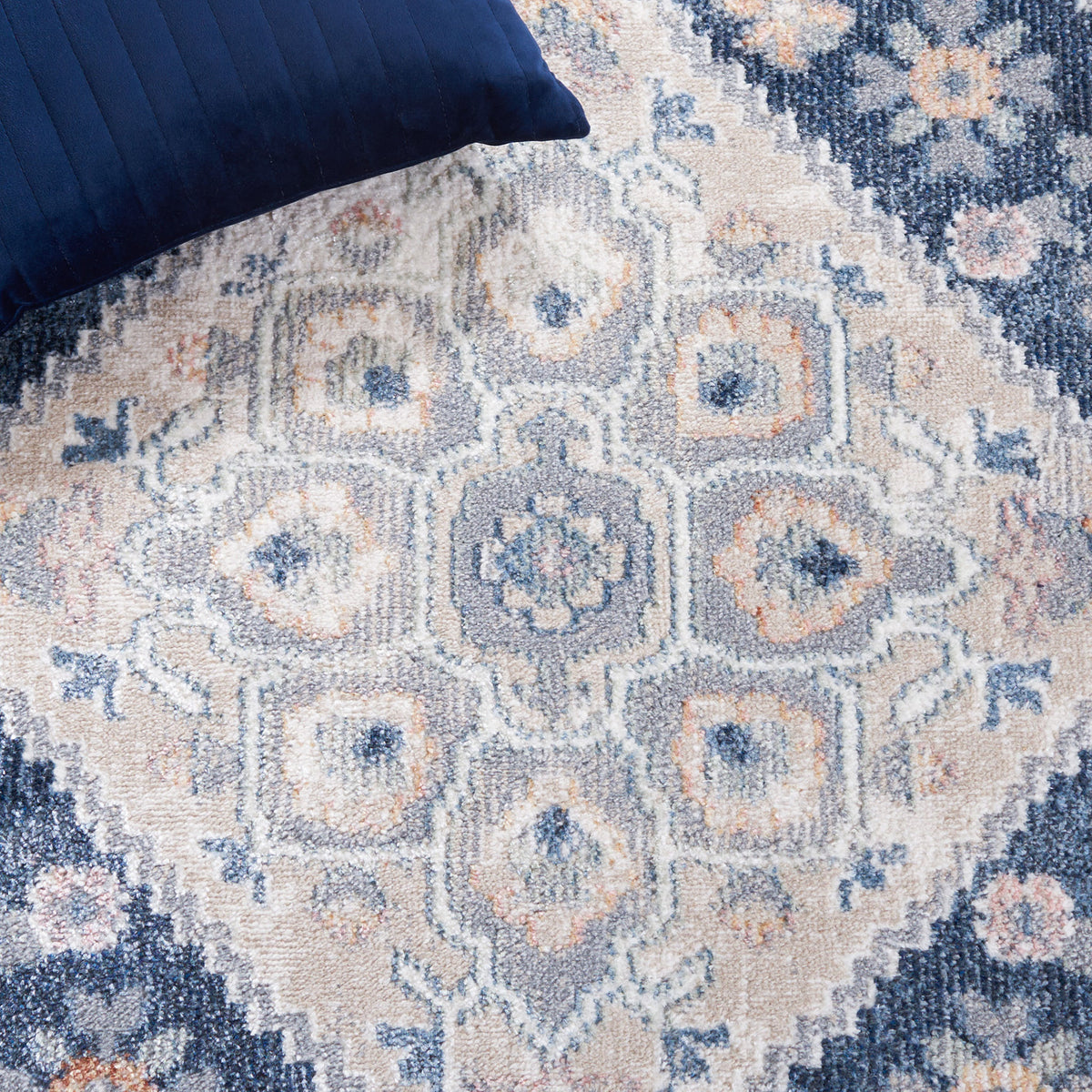 Central medallion pattern with nuanced gray, navy, and ivory tones for a timeless look || BLR220F-5 || detail_room