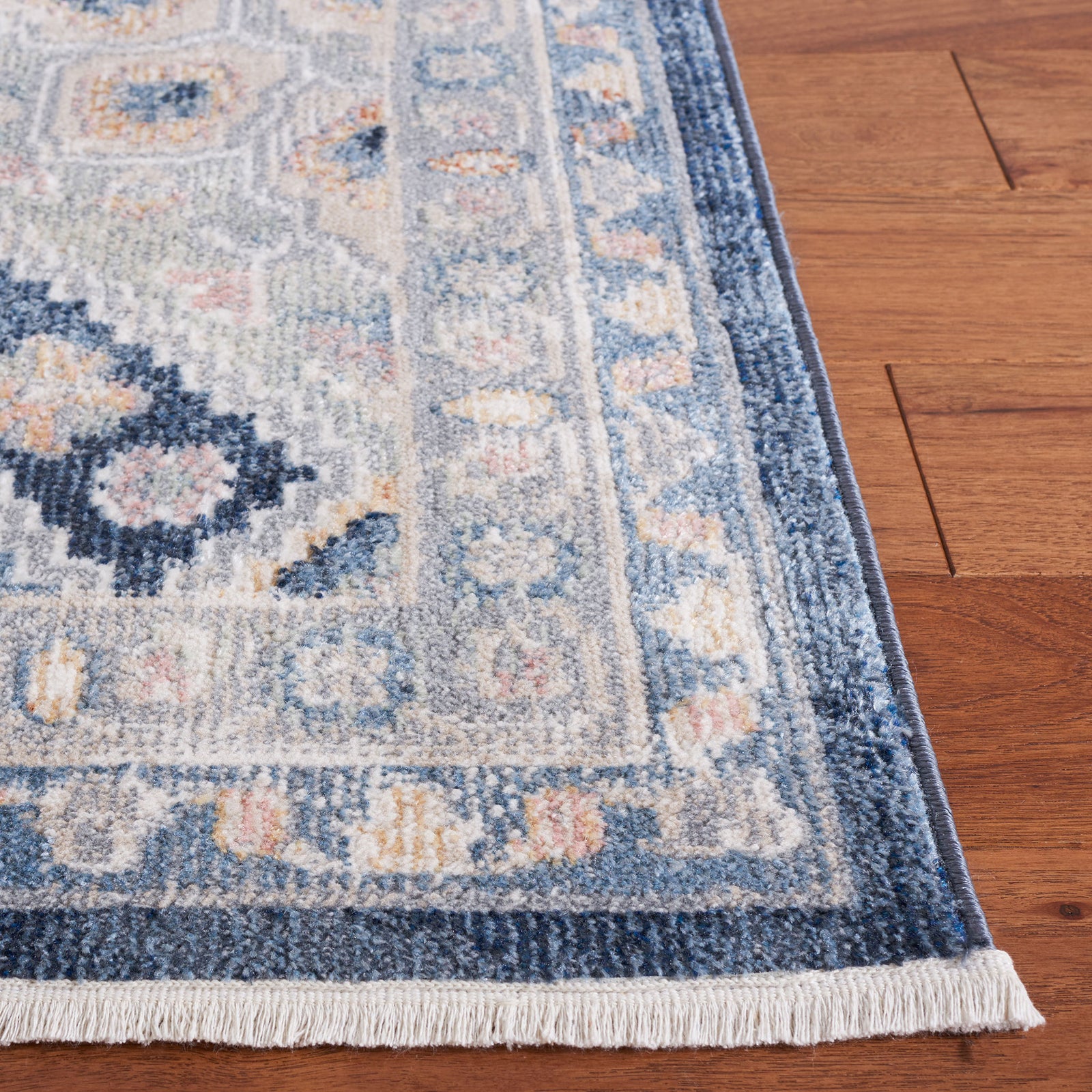 Traditional gray and navy rug with diamond medallions and floral border in a soft, washable weave || BLR220F-5 || top_studio