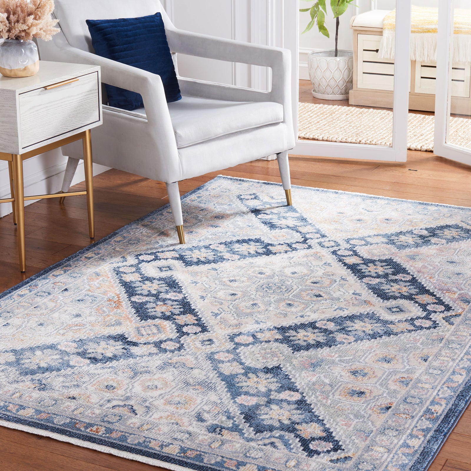 Elegant gray and navy medallion rug brings vintage character and a soft, washable feel to any space || BLR220F-5 || front_angle_room