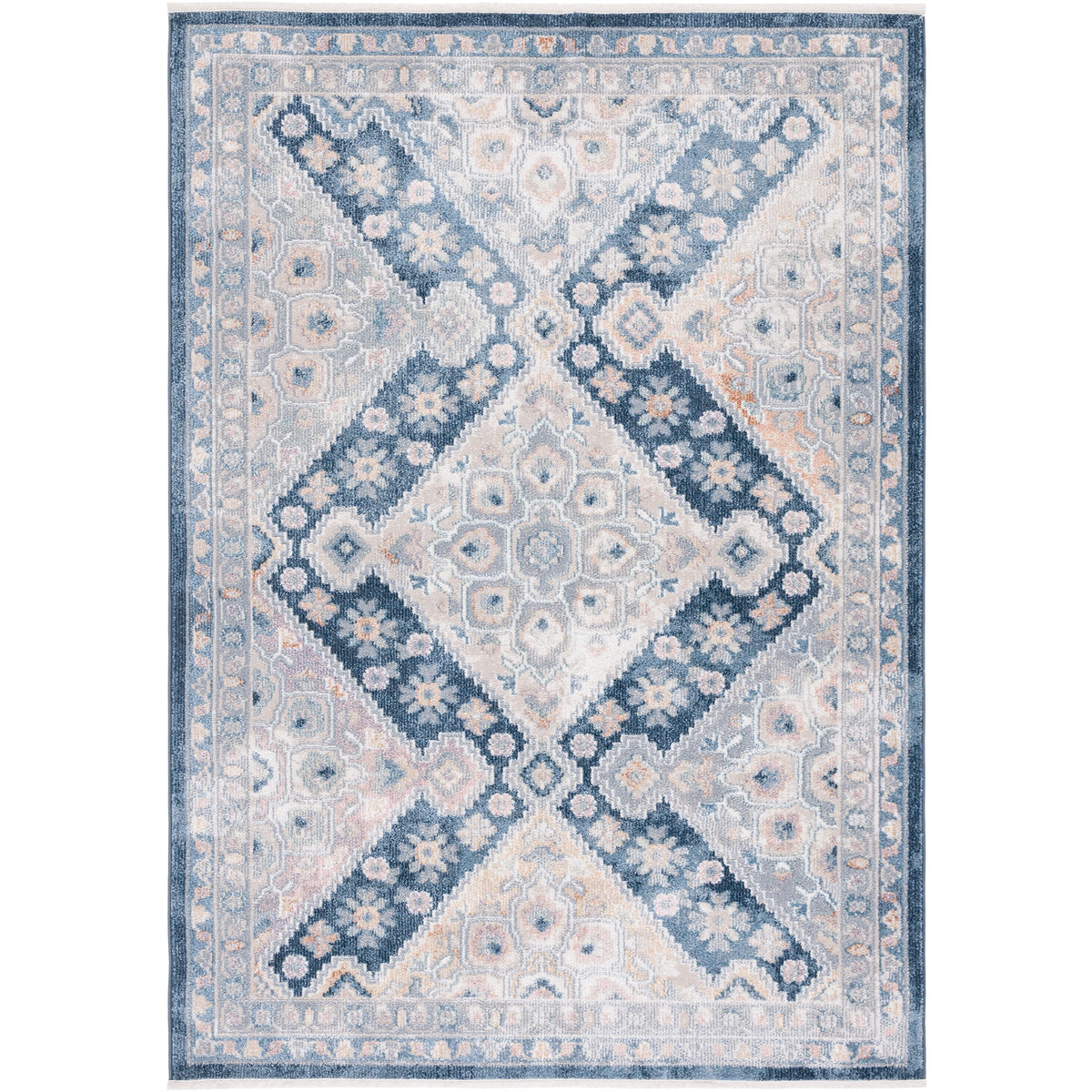 Traditional gray and navy rug with diamond medallions and floral border in a soft, washable weave || BLR220F-5 || top_studio