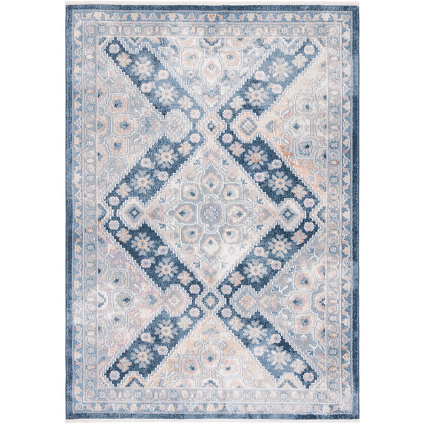 Traditional gray and navy rug with diamond medallions and floral border in a soft, washable weave || BLR220F-5 || top_studio