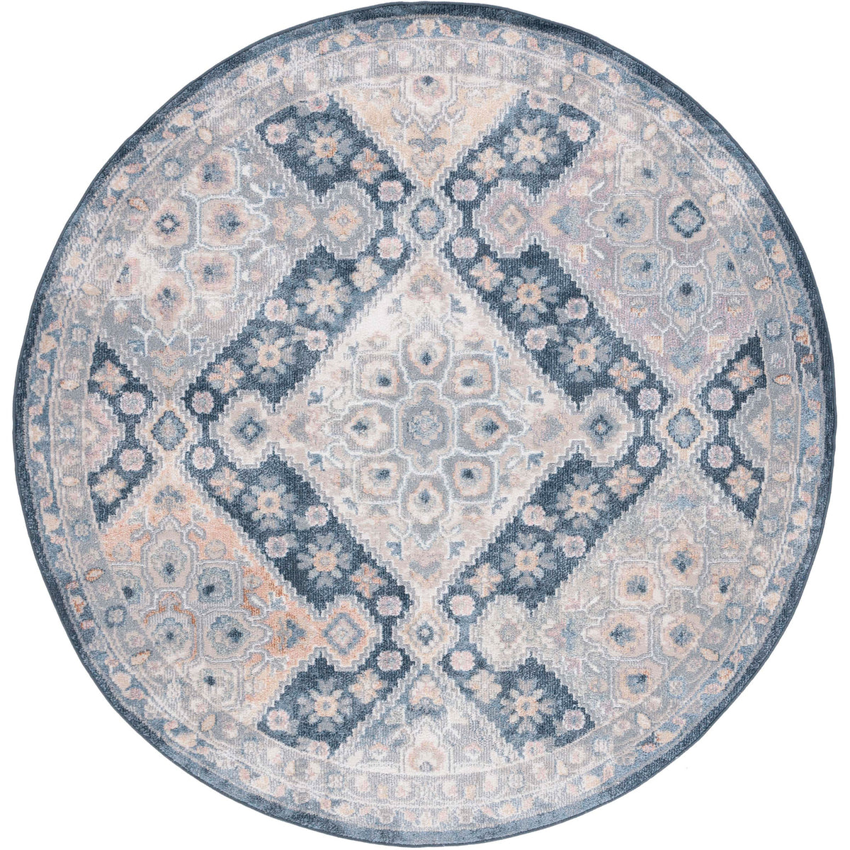 Round rug with distressed navy and gray medallions in a classic lattice pattern || BLR220F-7R || top_studio