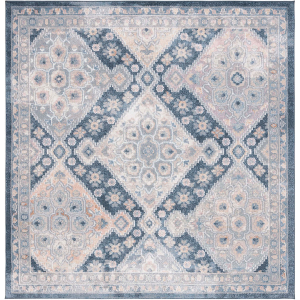 Square gray and navy rug with mosaic medallions and a floral border in a soft, washable weave || BLR220F-7SQ || top_studio