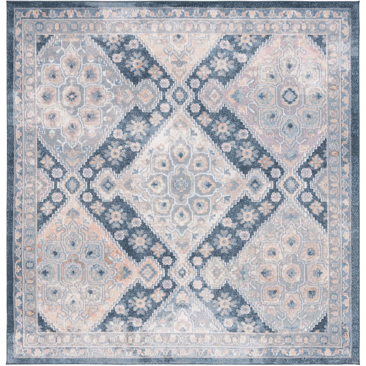 Square gray and navy rug with mosaic medallions and a floral border in a soft, washable weave || BLR220F-7SQ || top_studio
