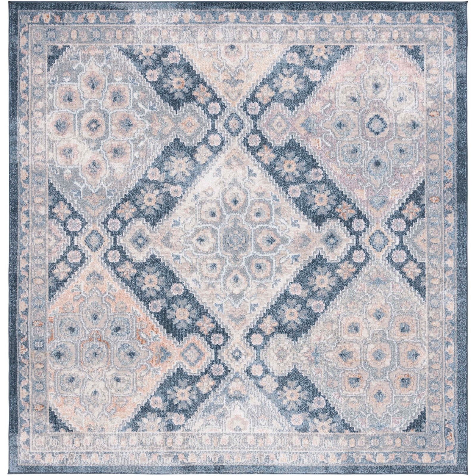 Square gray and navy rug with mosaic medallions and a floral border in a soft, washable weave || BLR220F-7SQ || top_studio