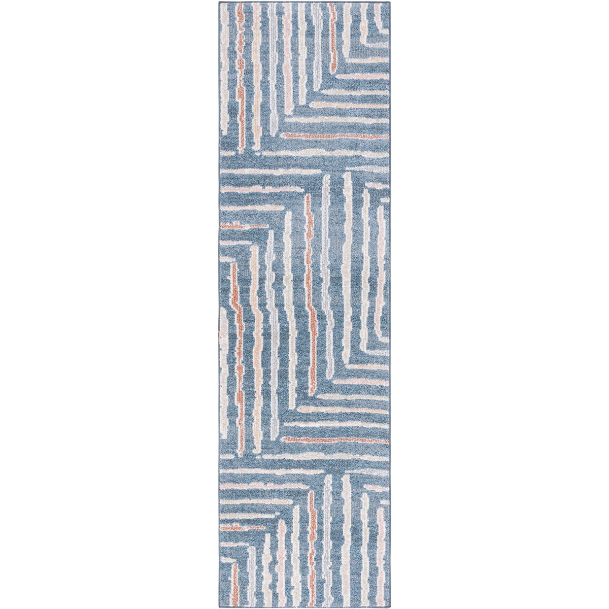 Blue and multicolor washable runner rug with modern abstract stripes and a soft, low-profile pile || BLR222M-28 || top_studio