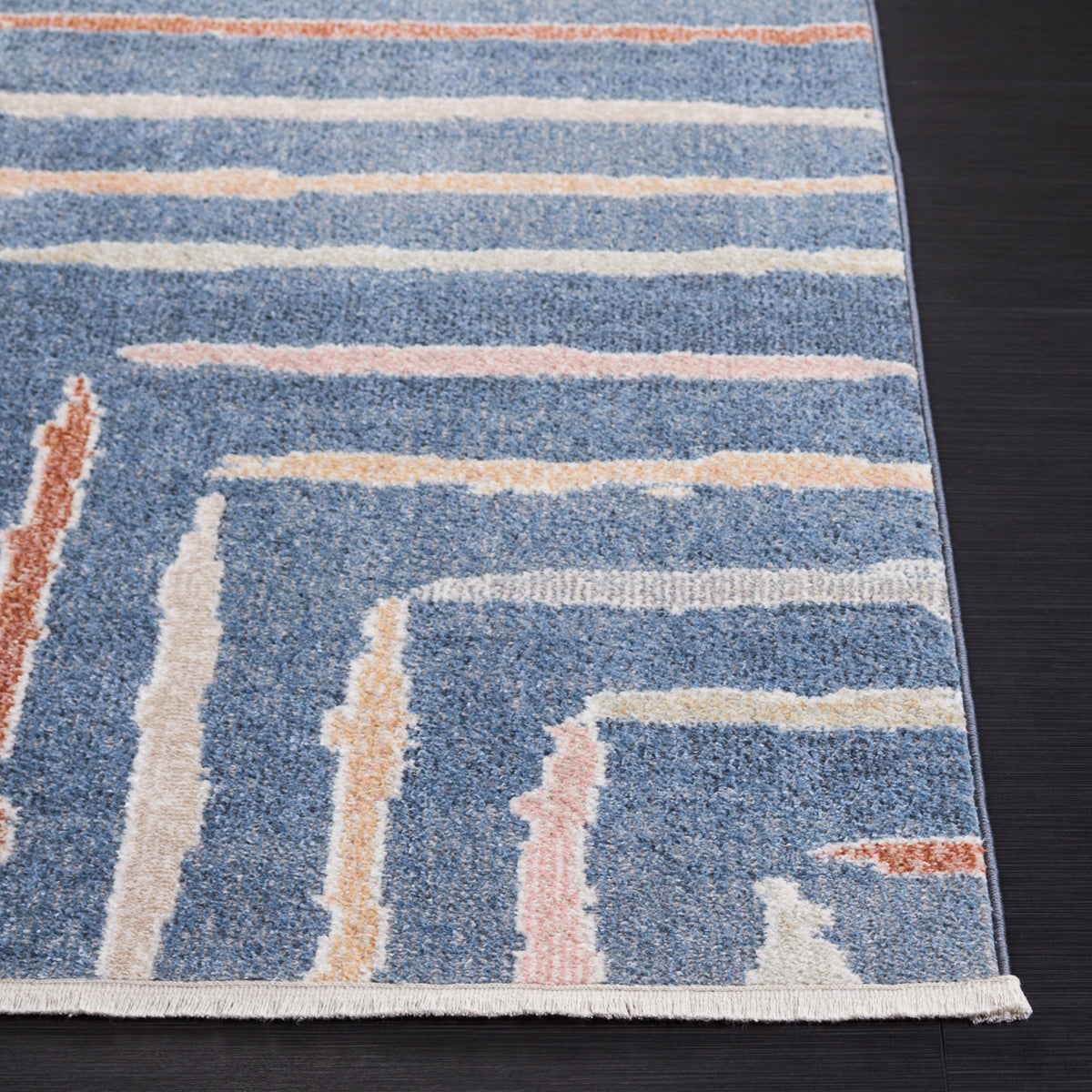 Blue abstract stripe rug with ivory, blush, and rust accents and a neatly bound edge || BLR222M-5 || corner_studio