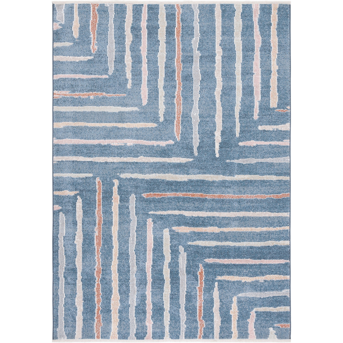 Blue abstract stripe area rug with alternating ivory, blush, and rust lines || BLR222M-5 || top_studio