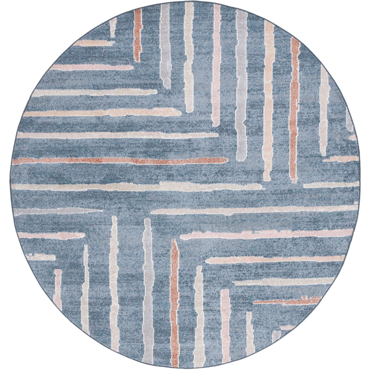 Round blue rug with textured linear stripes in blush and ivory for a modern, cozy look || BLR222M-7R || top_studio