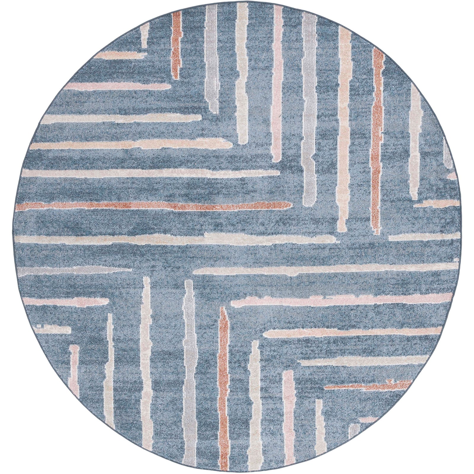 Round blue rug with textured linear stripes in blush and ivory for a modern, cozy look || BLR222M-7R || top_studio