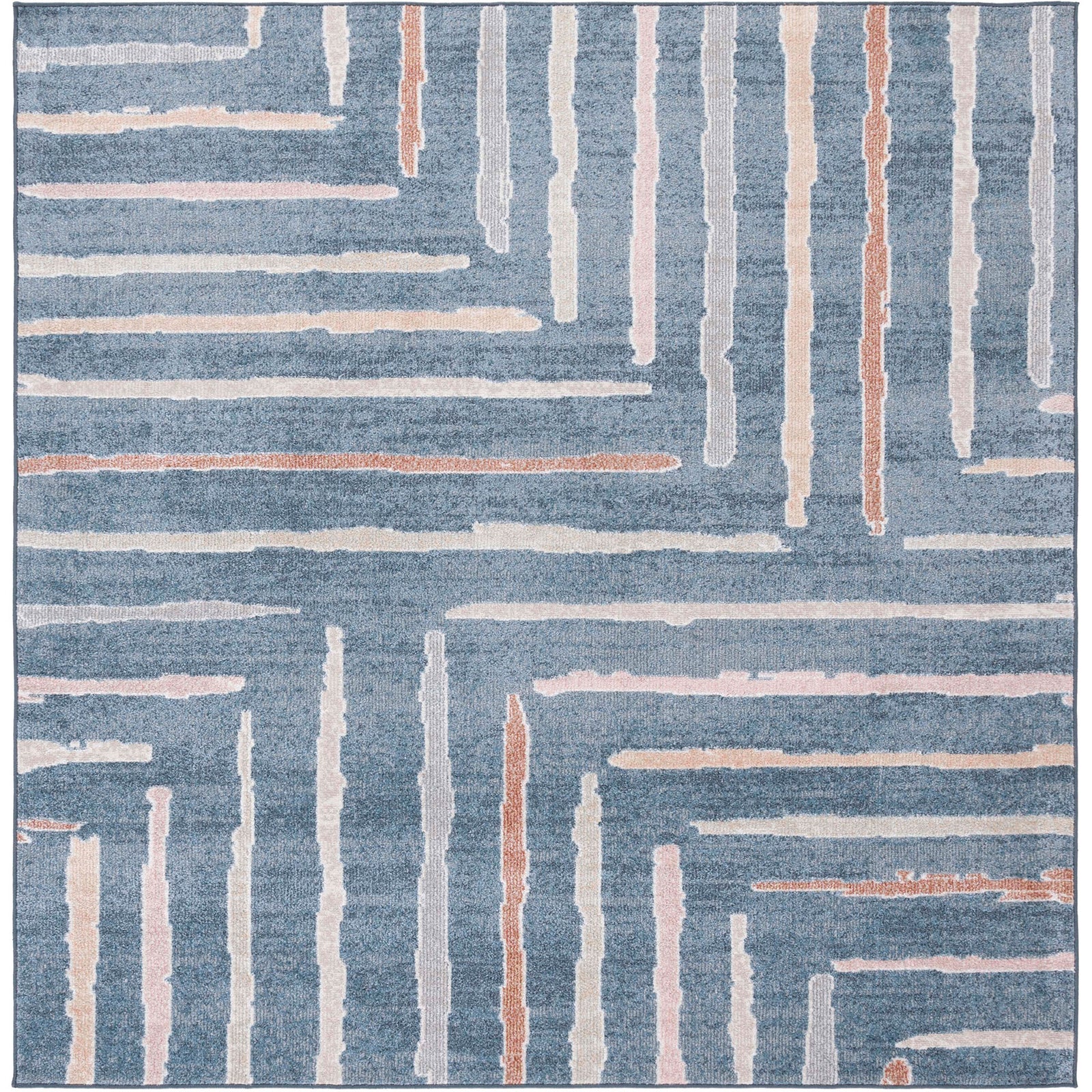 Square blue area rug with geometric linear stripes in ivory, blush, and rust || BLR222M-7SQ || top_studio