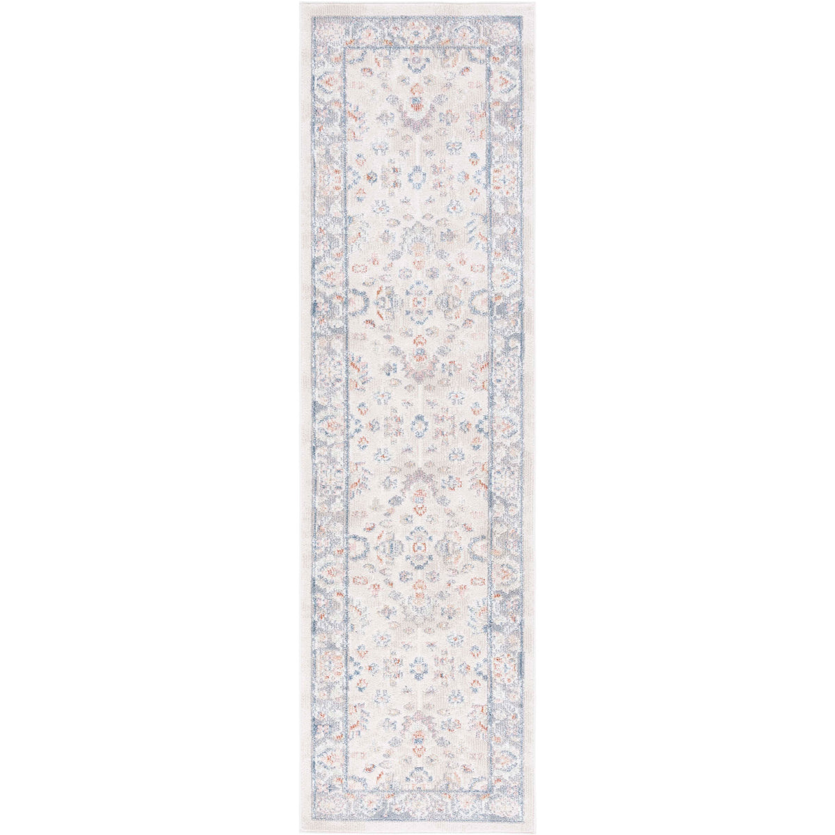 Vintage-inspired runner with a faded floral pattern in beige and gray and a soft blue border || BLR224B-28 || top_studio