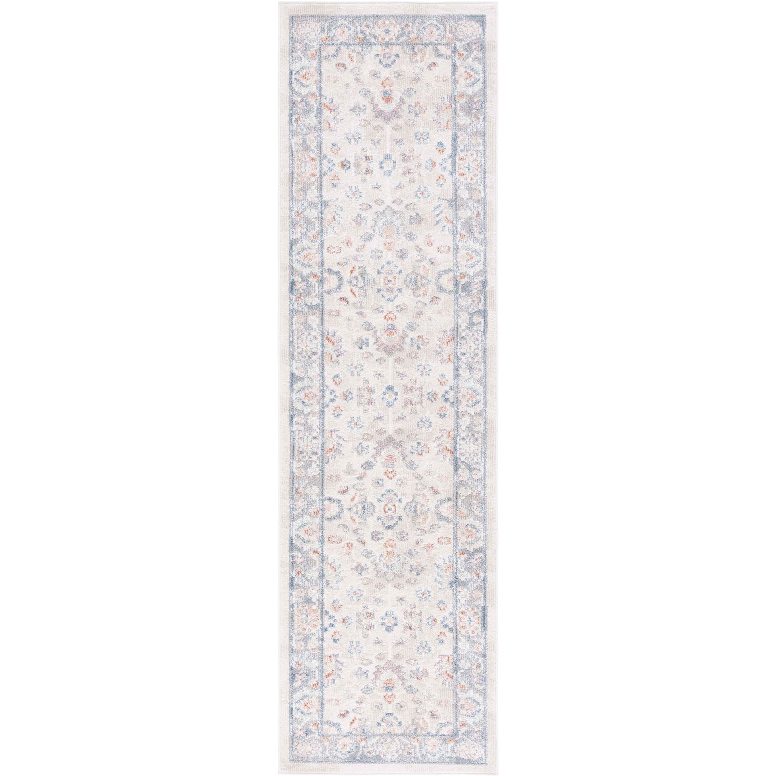 Vintage-inspired runner with a faded floral pattern in beige and gray and a soft blue border || BLR224B-28 || top_studio
