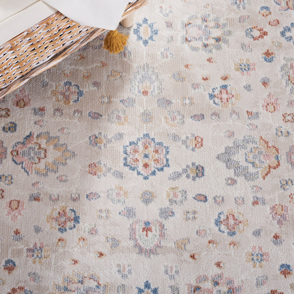 Allover medallion pattern in muted pastels on a warm beige ground for a timeworn look. || BLR224B-5 || detail_room