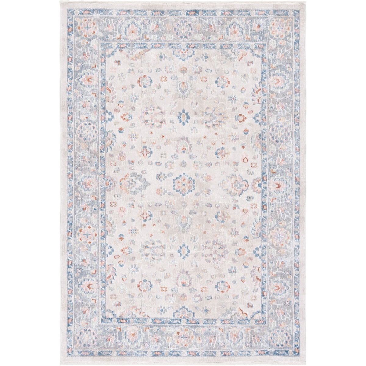 Soft beige and gray rug with blue border and gently distressed floral pattern. || BLR224B-5 || top_studio
