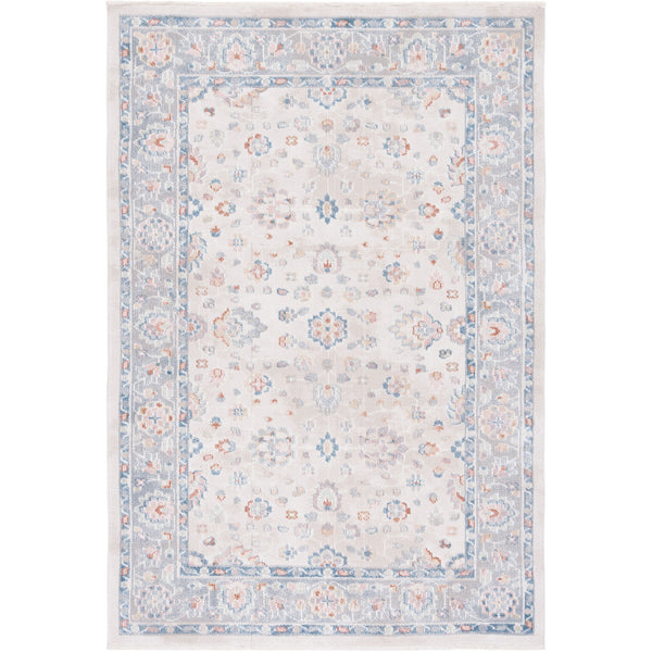 Soft beige and gray rug with blue border and gently distressed floral pattern. || BLR224B-5 || top_studio