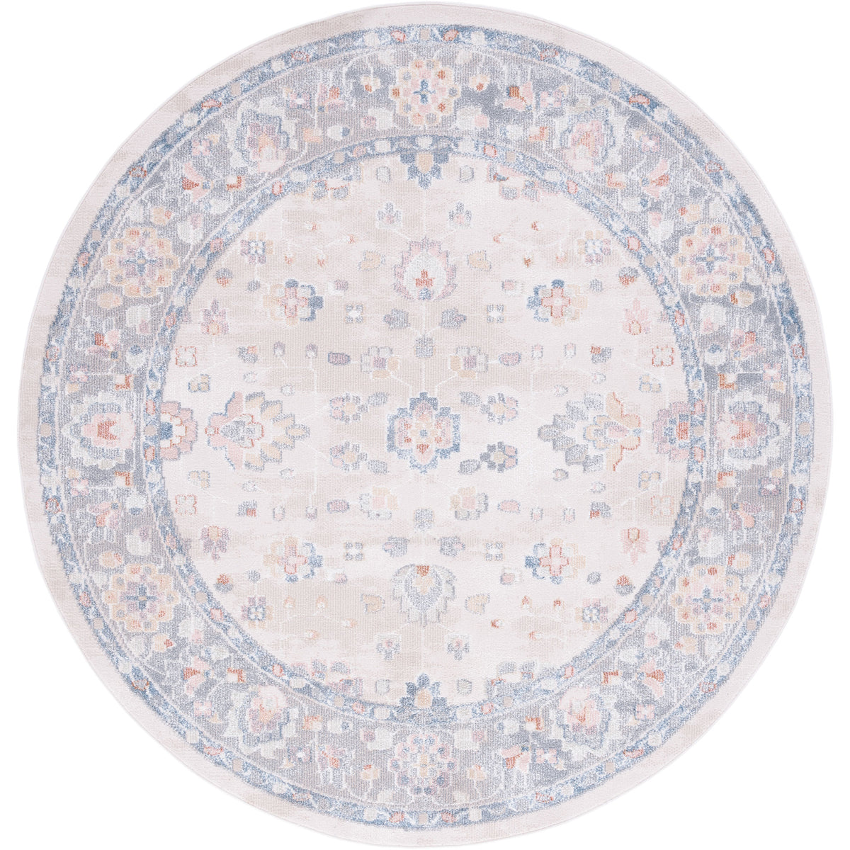 Round beige and gray rug with faded medallion and blue border || BLR224B-7R || top_studio
