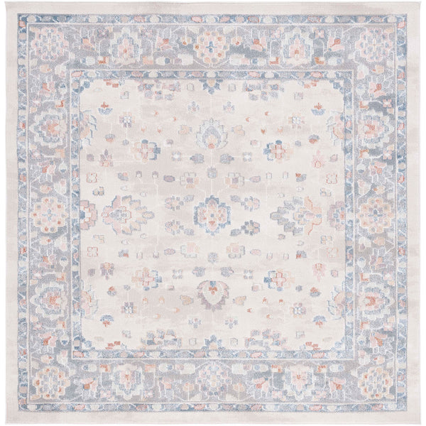 Square version in beige and gray with blue border and softly faded florals. || BLR224B-7SQ || top_studio